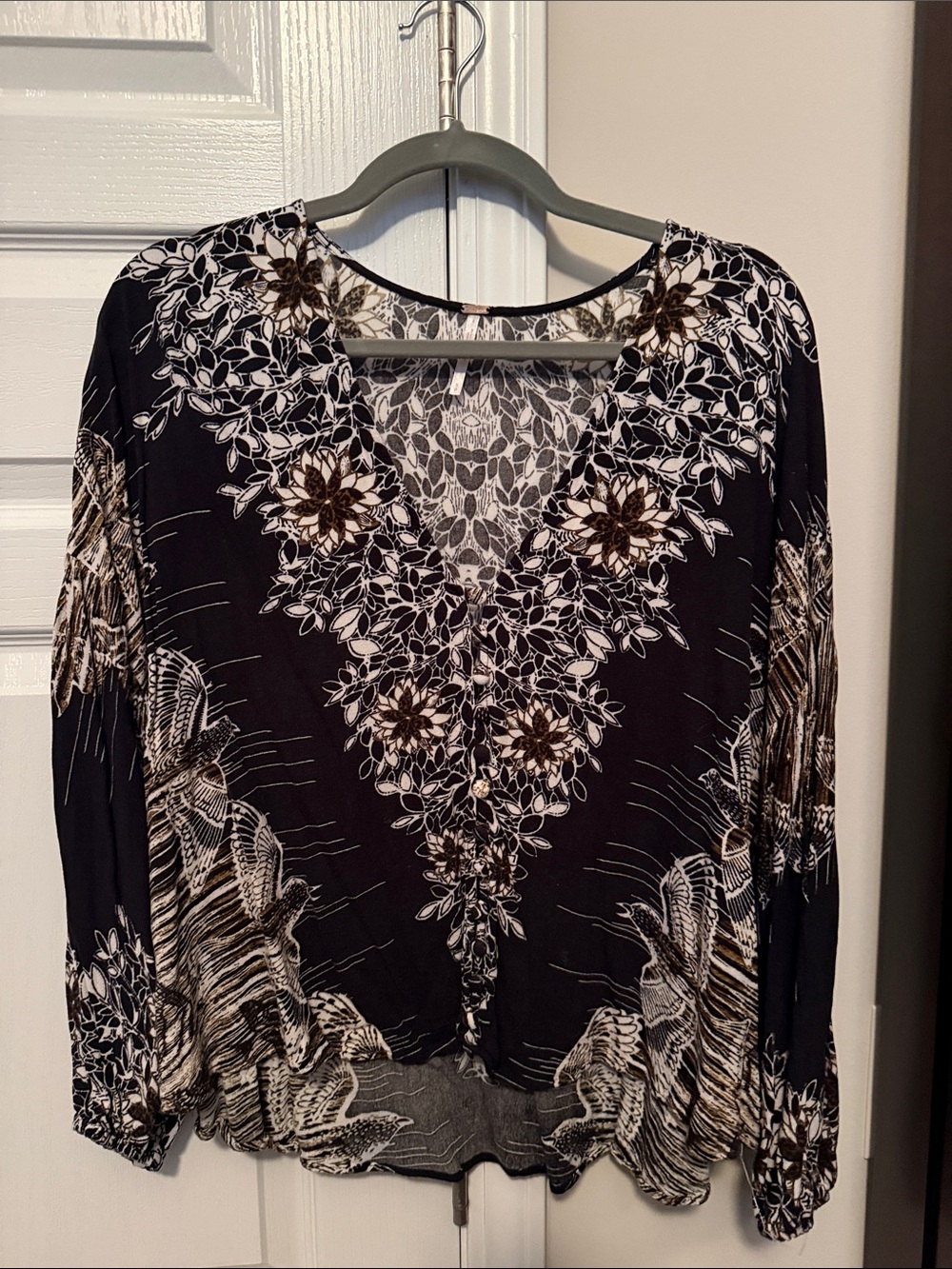 Free People Black Floral V-Neck Tunic with White and Brown Accents
